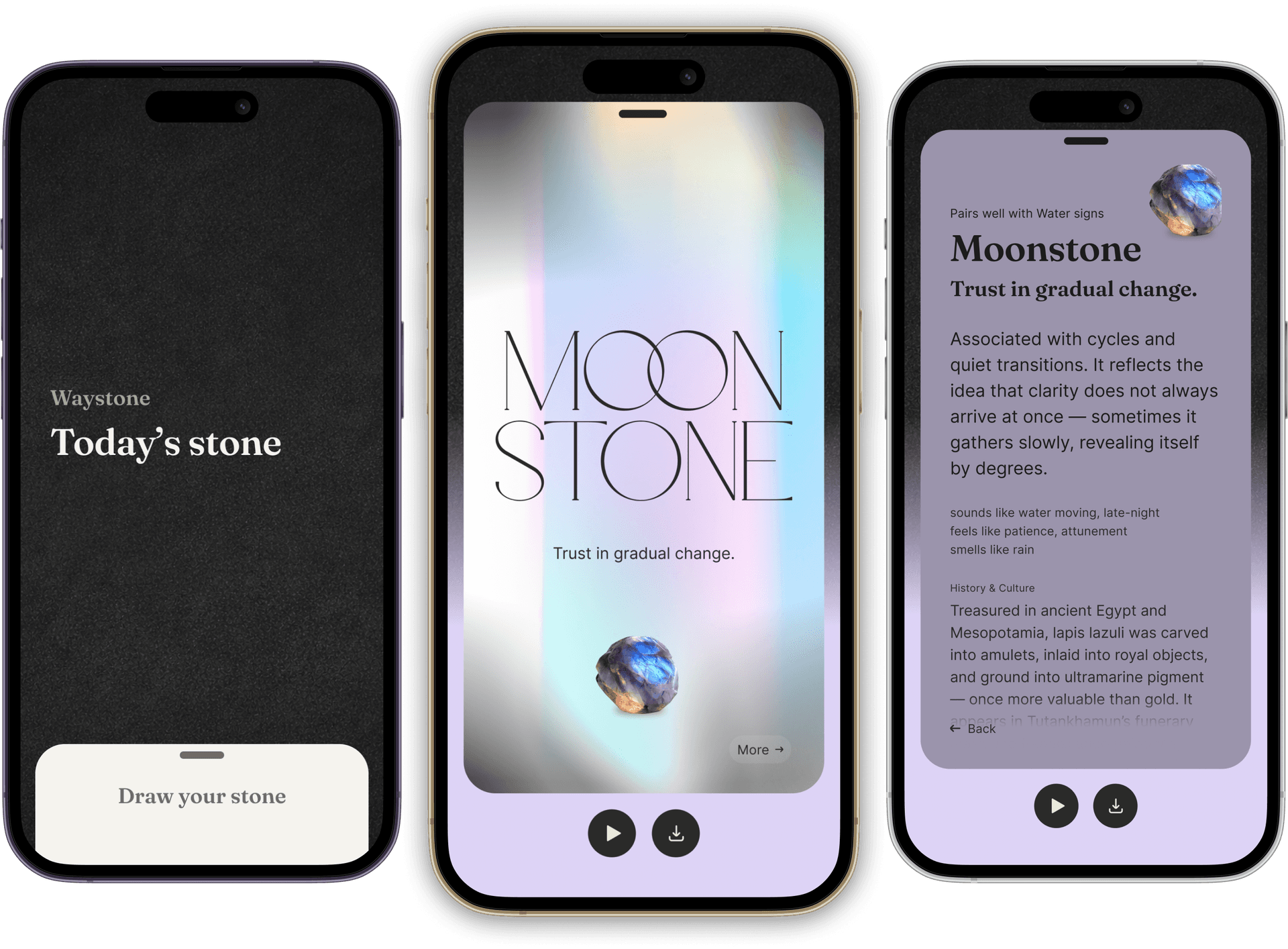 Waystone app — draw your stone, reveal it, and read its meaning